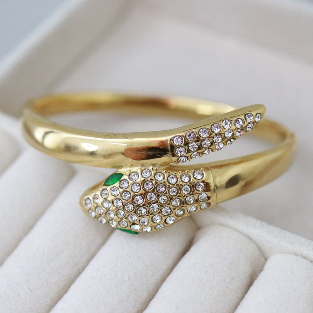 Snake Style with Rhinestones High Polished Bangle Bracelet 18k Gold Plated